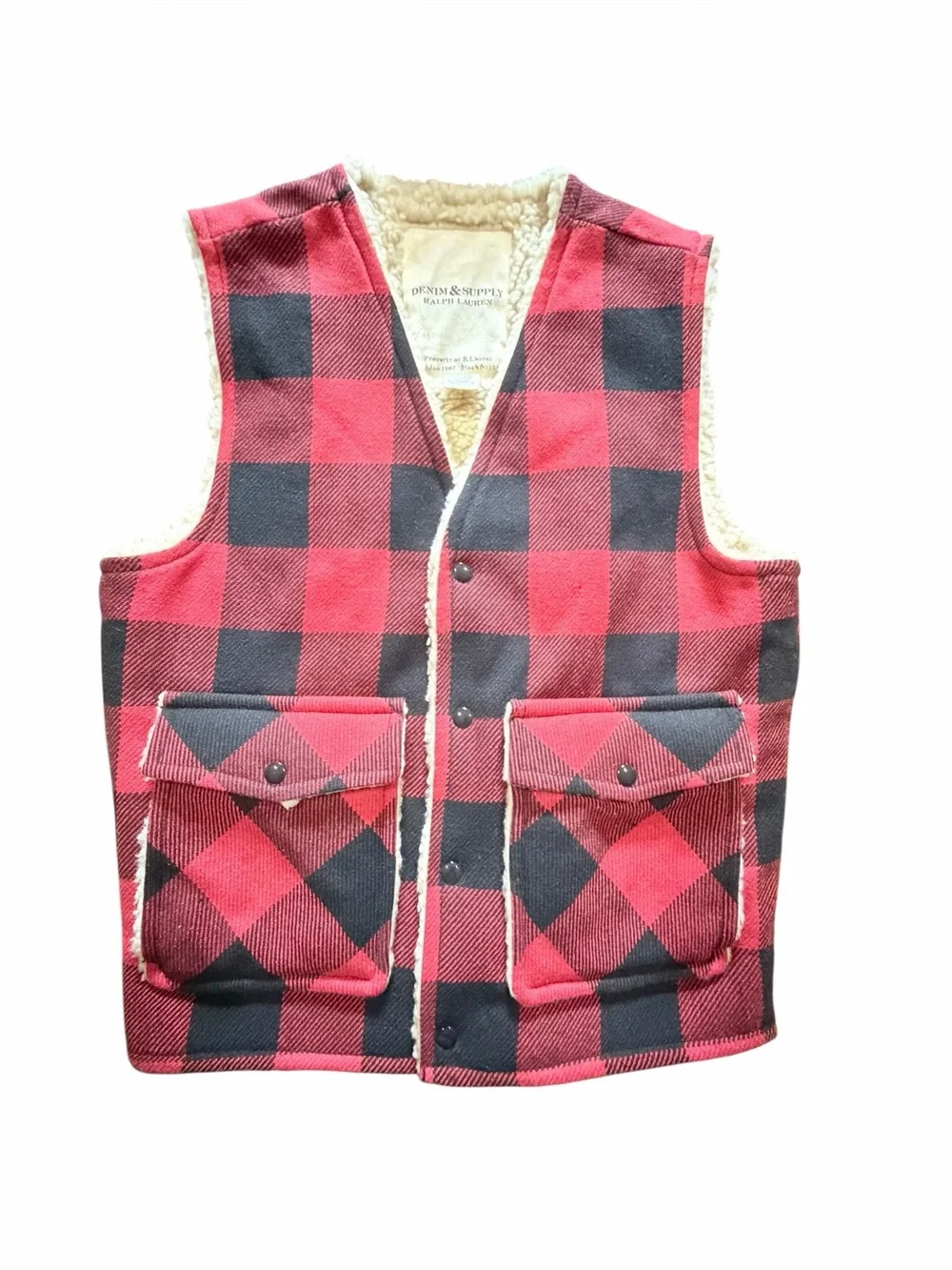 Ralph Lauren Denim & Supply Wool Blend Buffalo Plaid Sherpa Lined Vest Rustic